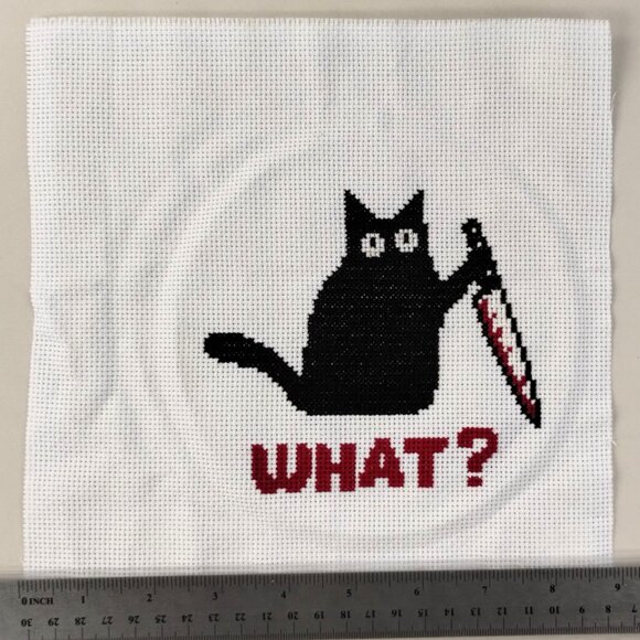 The What? Kitty, with Red Sauce /  Cross Stitch / Completed, Hand Crafted - Picture 3 of 3